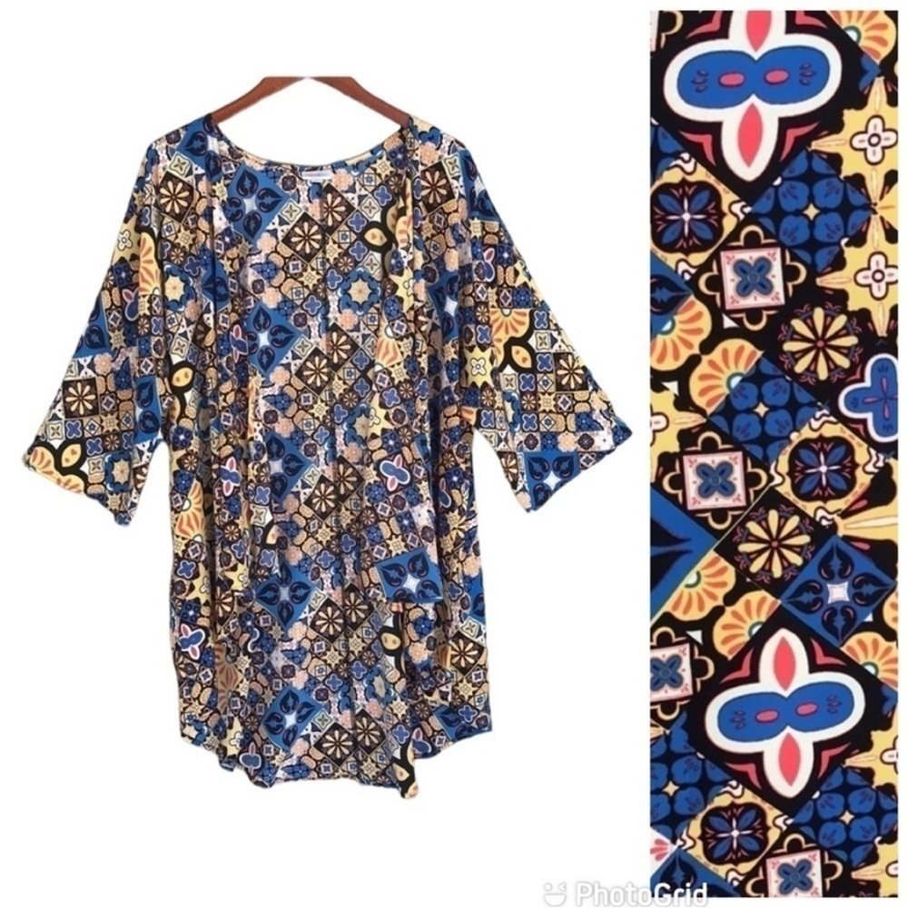 Lularoe Lindsay Floral Geometric Print Kimono Duster Open Cardigan Size L